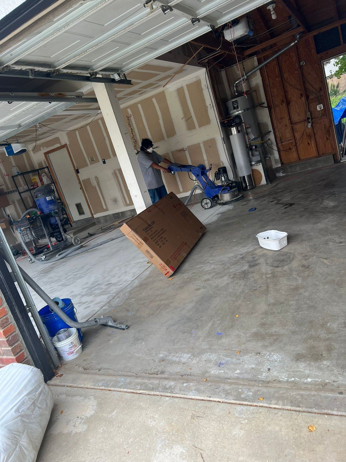 Epoxy flake floor glowing under night lighting